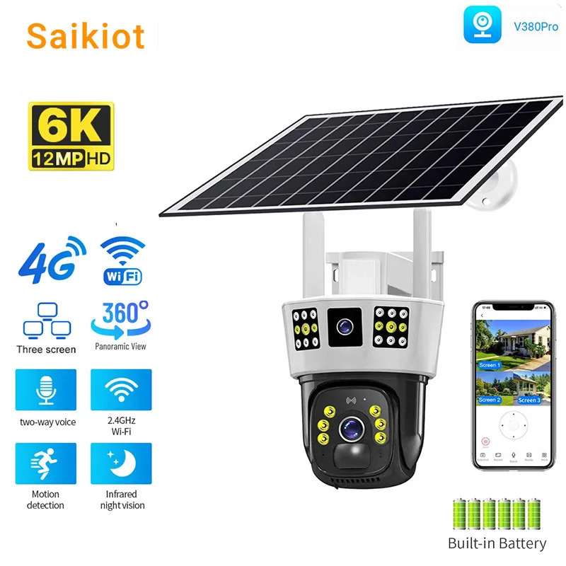 Saikiot V380 Pro 3 Screens Dual Lens 12MP 6K PTZ AI 4G Solar Powered CCTV Security Camera 360 Outdoor Camera Solar Sim Card V380