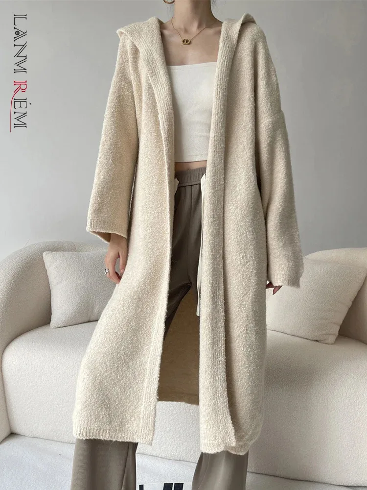 

[LANMREM] Hooded Knitting Cardigan Coats For Women Solid Long Sleeve Thick Warm Female Outwear 2023 Winter New Clothing 26D6904