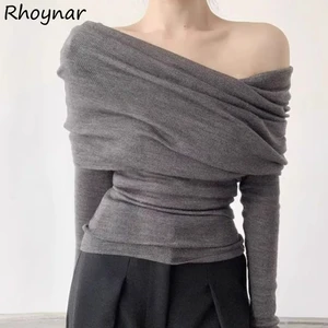 Slash Neck Pullovers Women Knitted Off-shoulder Korean Fashion All-match Solid Streetwear Sweet Sexy Girls Autumn Underlay Chic