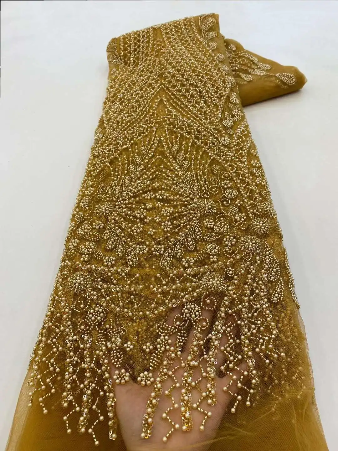Sequins Jacquard Lace Fabric Brown Sequin Beaded Embroidery French Net Lace With Beads Nigerian Sequins