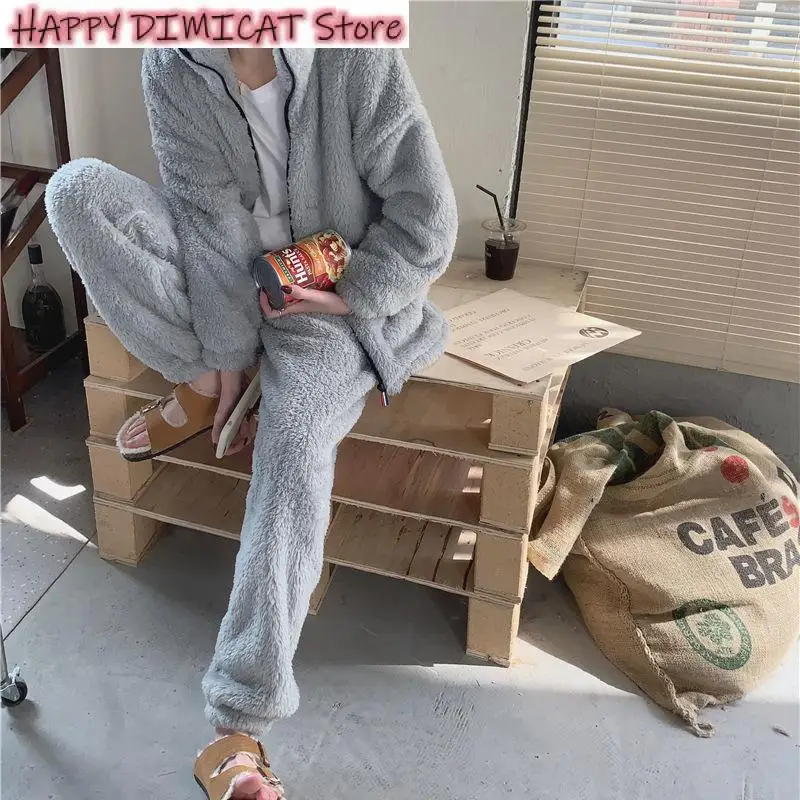 Winter Thicken Warm Female Casual Korean Chic Pajama Set Women Sweet Turtleneck Sleepwear Solid Students Homewear Cozy All-Match
