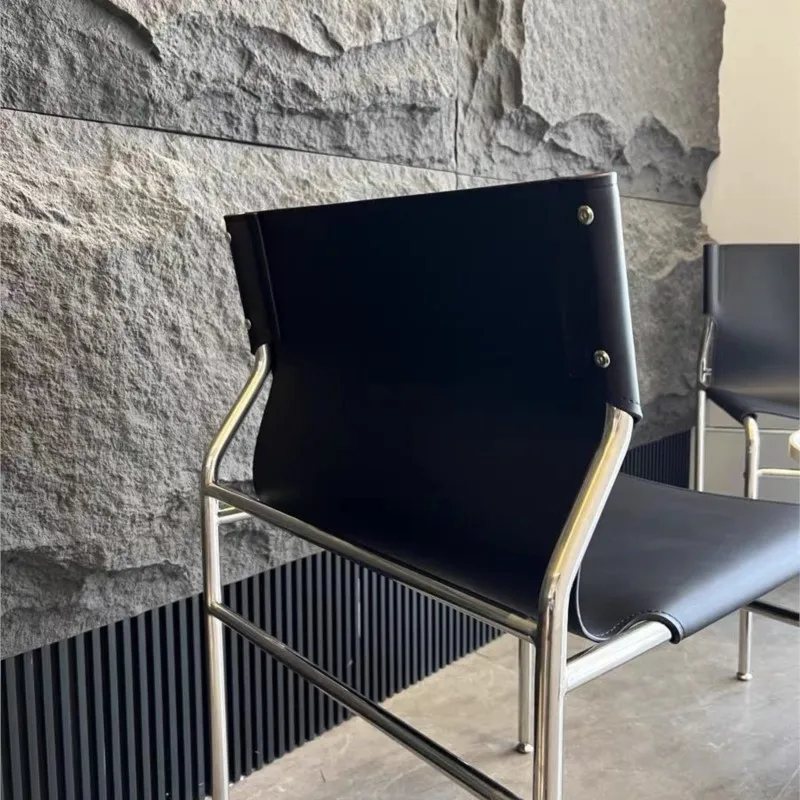 Antique Dining Chair Stainless Steel Scandinavian Bauhaus Simple Modern Saddle Leather Backrest Negotiation Chair