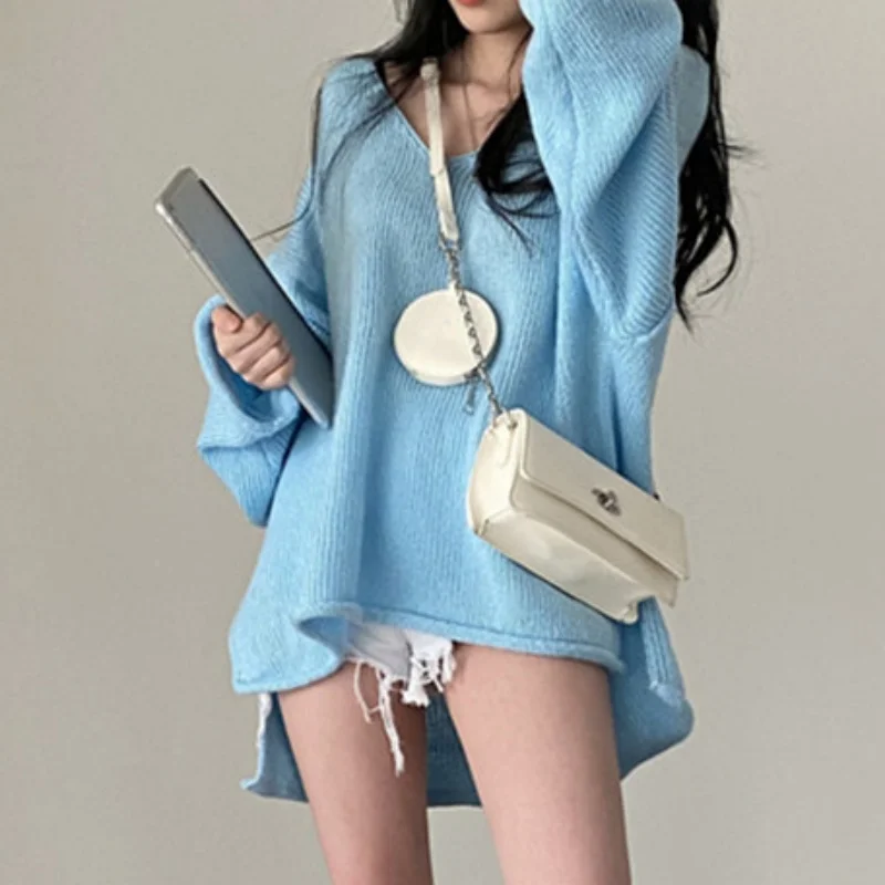Blue Knitted Women Sweater Casual Loose Pullover