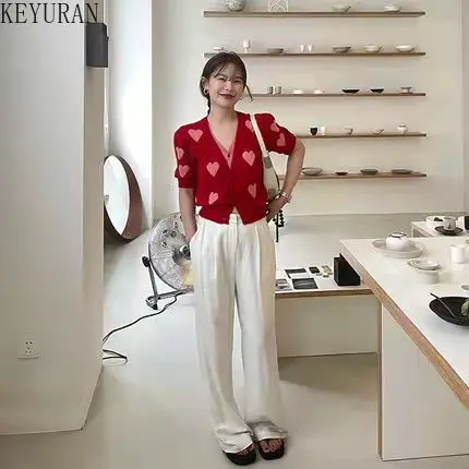 레드 페이크 투 러브 하트 브이넥 반팔 가디건 여성용 니트 얇은 스웨터, 2022 봄 가을 여성 가디건, 여성용 점퍼