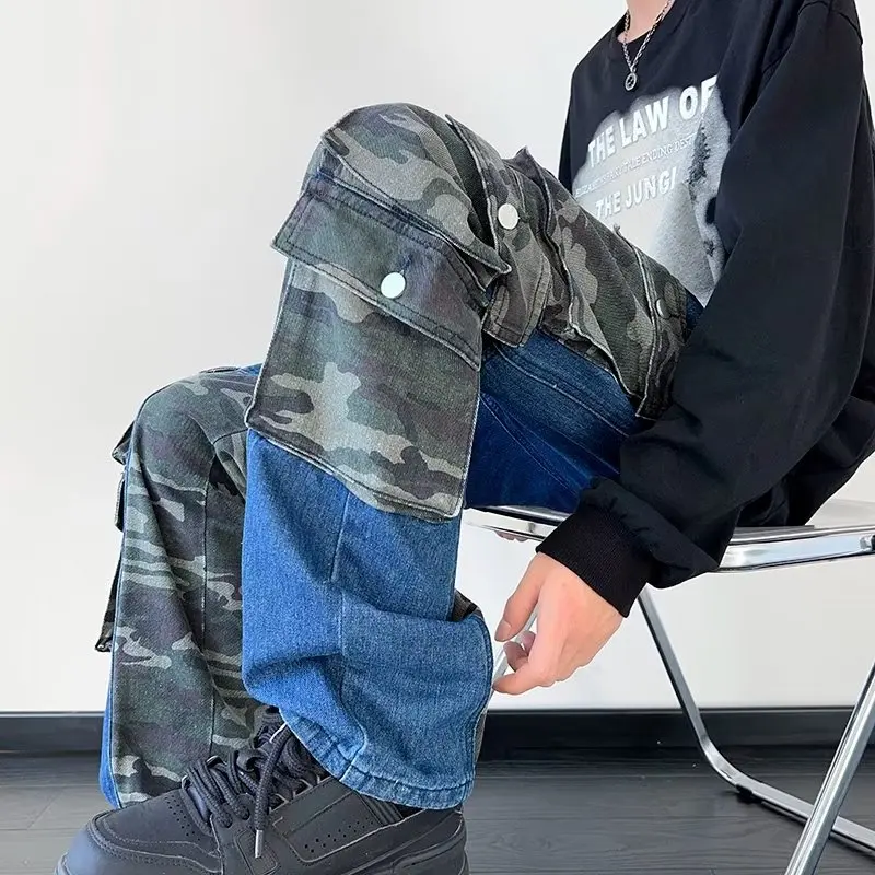 Y2K Men Techwear Streetwear Camouflage Patchwork Black Baggy Jeans Pocket Cargo Pants Man Women Denim Trousers Pantalones Hombre