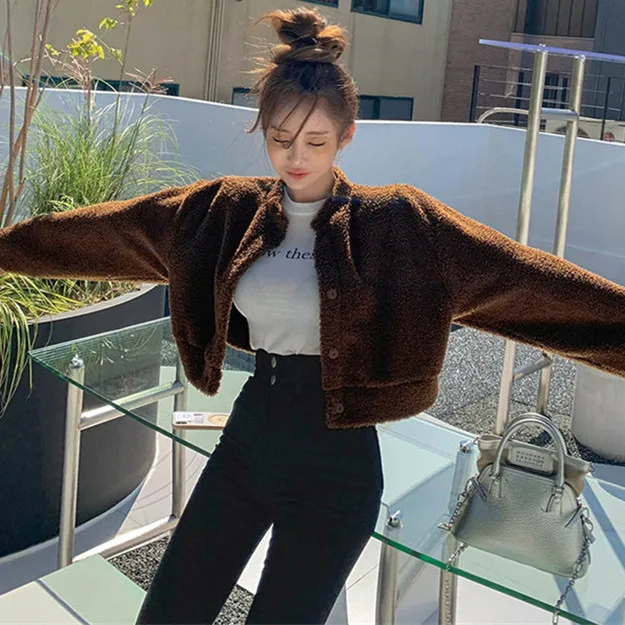 Korean Fashion Girls Berber Fleece Coat Short Cut Long Sleeves Small Size Young Lady Spring Fall Coat