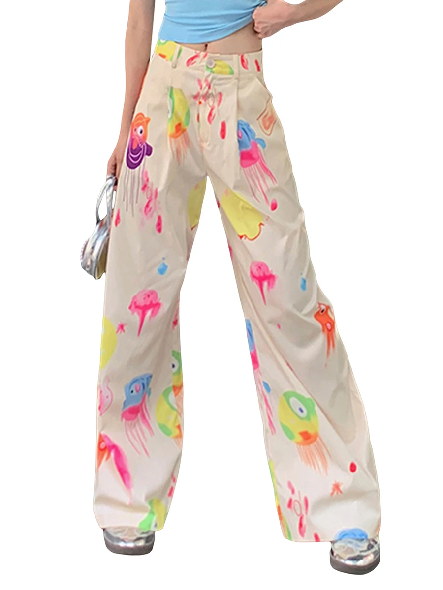 

Alyweatry Women Fashion Print High Waist Flare Cargo Pants Casual Dye Tie Baggy Wide Leg Bell Bottom Lounge Trousers Streetwear