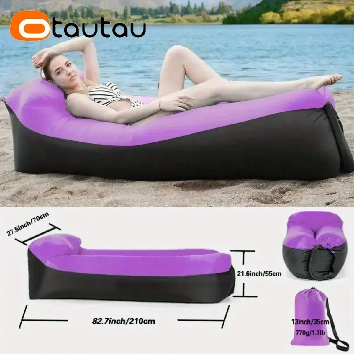 Inflatable Sofa OTAUTAU Outdoor Portable Inflatable Sofa Inflatable Outdoor Air Lounger Blow Sleeping Bag Couch Hiking Picnics Backyard Tool