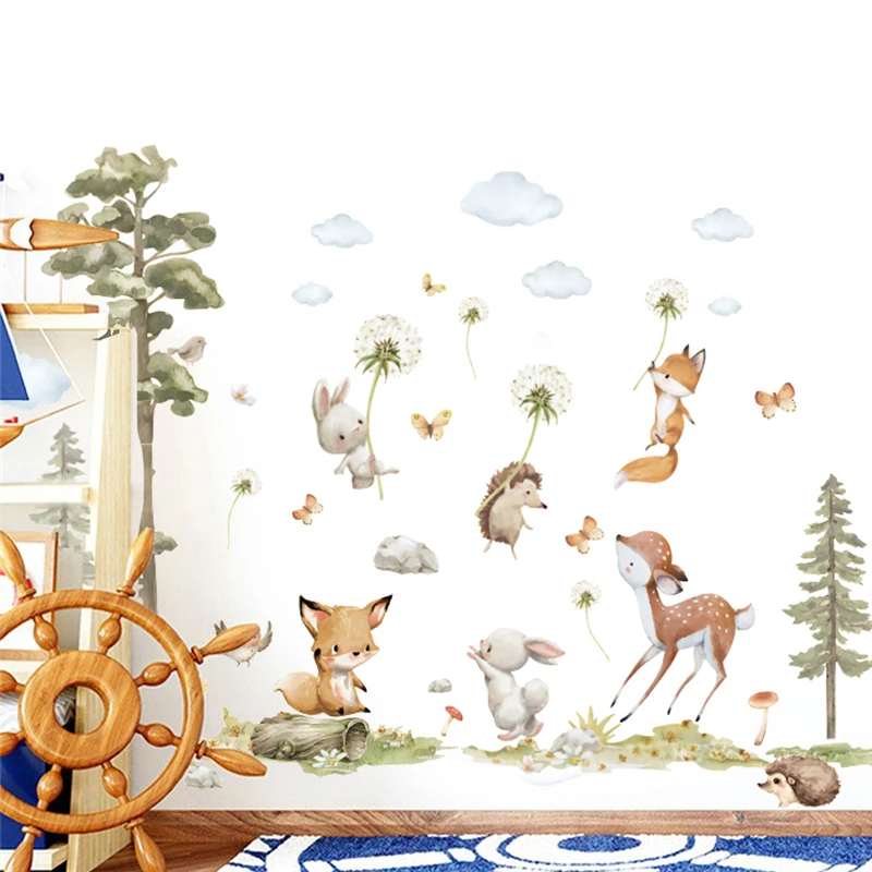 Naughty Fox Deer Rabbit Hedgehog Wall Sticker For Kids Bedroom Decoration Diy Forest Animals Mural Art Home Decals Pvc Posters