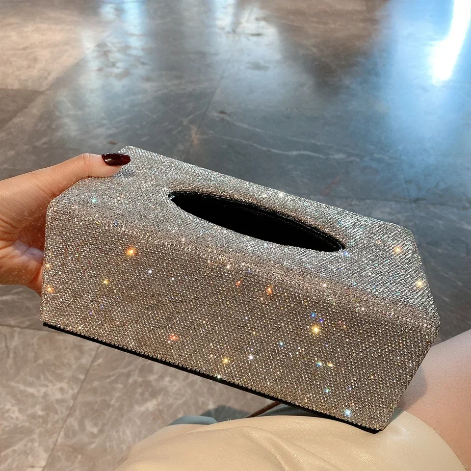 Sparkling Rhinestone Leather Tissue Box Desktop Napkin Toilet Holder Storage Case Car Paper Box Home Living Room Paper Dispenser 6