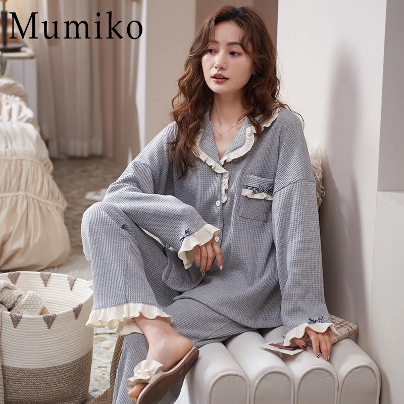 

Women Pajamas Set 100% Cotton Pyjama Avocado Print Pijama Female Homewear Sleepwear Long Sleeve Lapel Shirt Pants Suit Nightwear