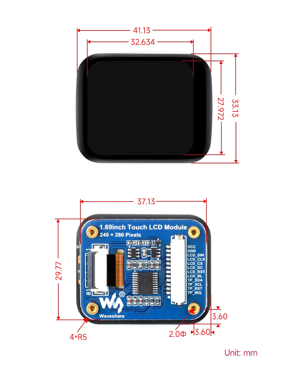 터치 패널이 있는 원형 LCD 디스플레이 모듈, 마이크로 LCD 디스플레이, 240 × 280 해상도, IPS, SPI 및 I2C 통신, 1.69 인치