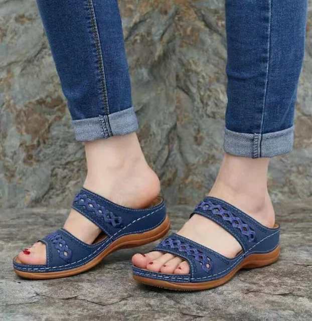 Women Casual Sandals Comfortable Soft Slippers Embroider   Flower Colorful Ethnic Flat Platform Open Toe Outdoor Beach Shoes A blue