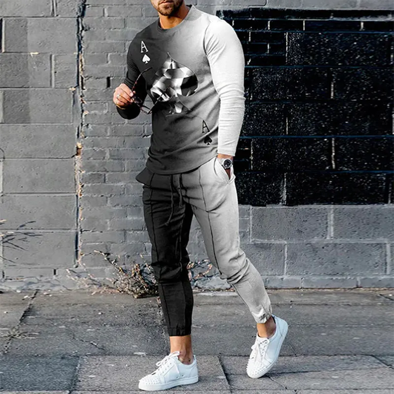 

Men's Jogging Tracksuit 2 Piece Suit Spring Long Sleeve Shirt Sportswear Set 3D Poker A Loose Male Oversized Clothes Tshirt Suit