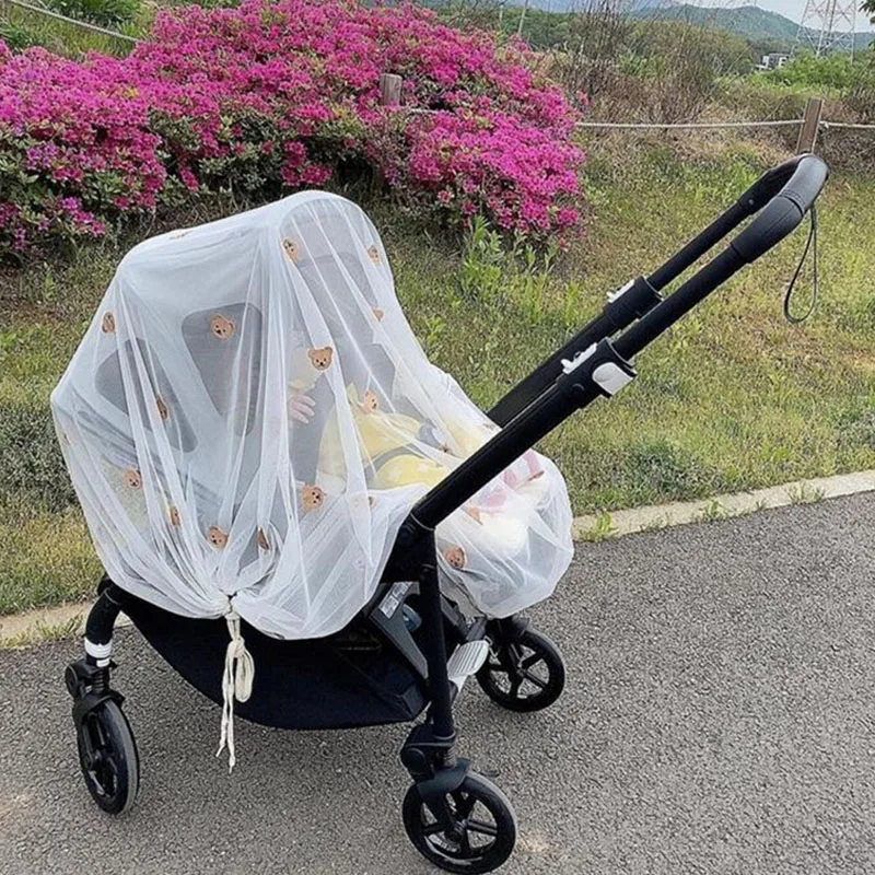 Universal Baby Stroller Accessory Mosquito Net Embroidered Bear Breathable Mesh Summer Sun Shade Newborn Carriage Cover Curtain baby stroller accessories design	