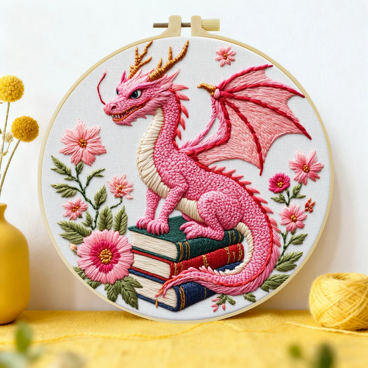 1 Stück 20X20CM/15X15CM 7,87/6,3 Zoll Rosa Dinosaurier-Tasche Stickerei-Starter-Kit DIY-Kit DIY-Stickerei-Set Handarbeiten Nähkunst