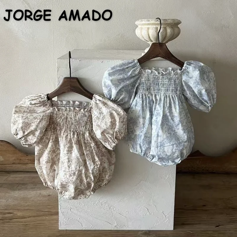 

Korean Style Summer New Baby Girl Bodysuit Square Collar Puff Sleeve Shirring Jumpsuit Infant Full Moon Birthday Clothing E375T