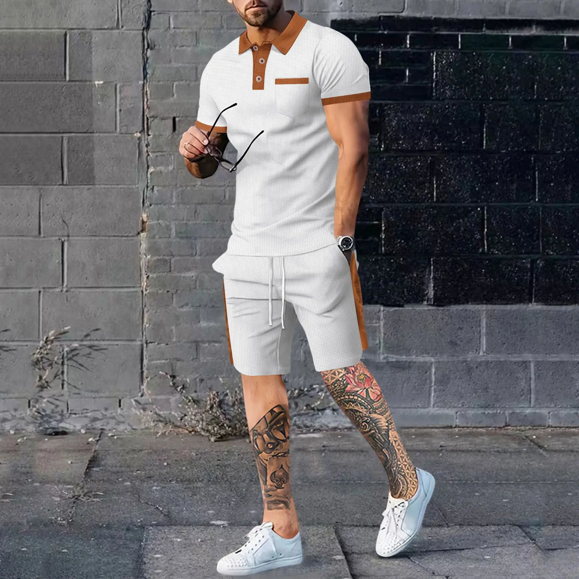 CD 25 Polo Shirt Set White Beige Cotton Polyester
