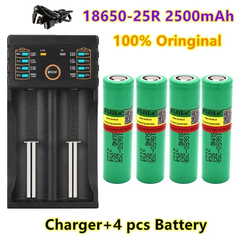 

100% New Original 18650 2500mah Battery INR18650 25R 20A Discharge Lithium Batteries Charger