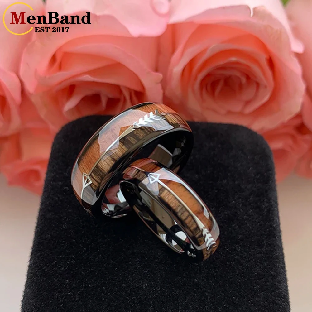 MenBand Fashion 6/8MM Black Tungsten Carbide Wedding Band Ring Two Different Koa Wood And Arrow Inlay Dome Polishing Comfort Fit