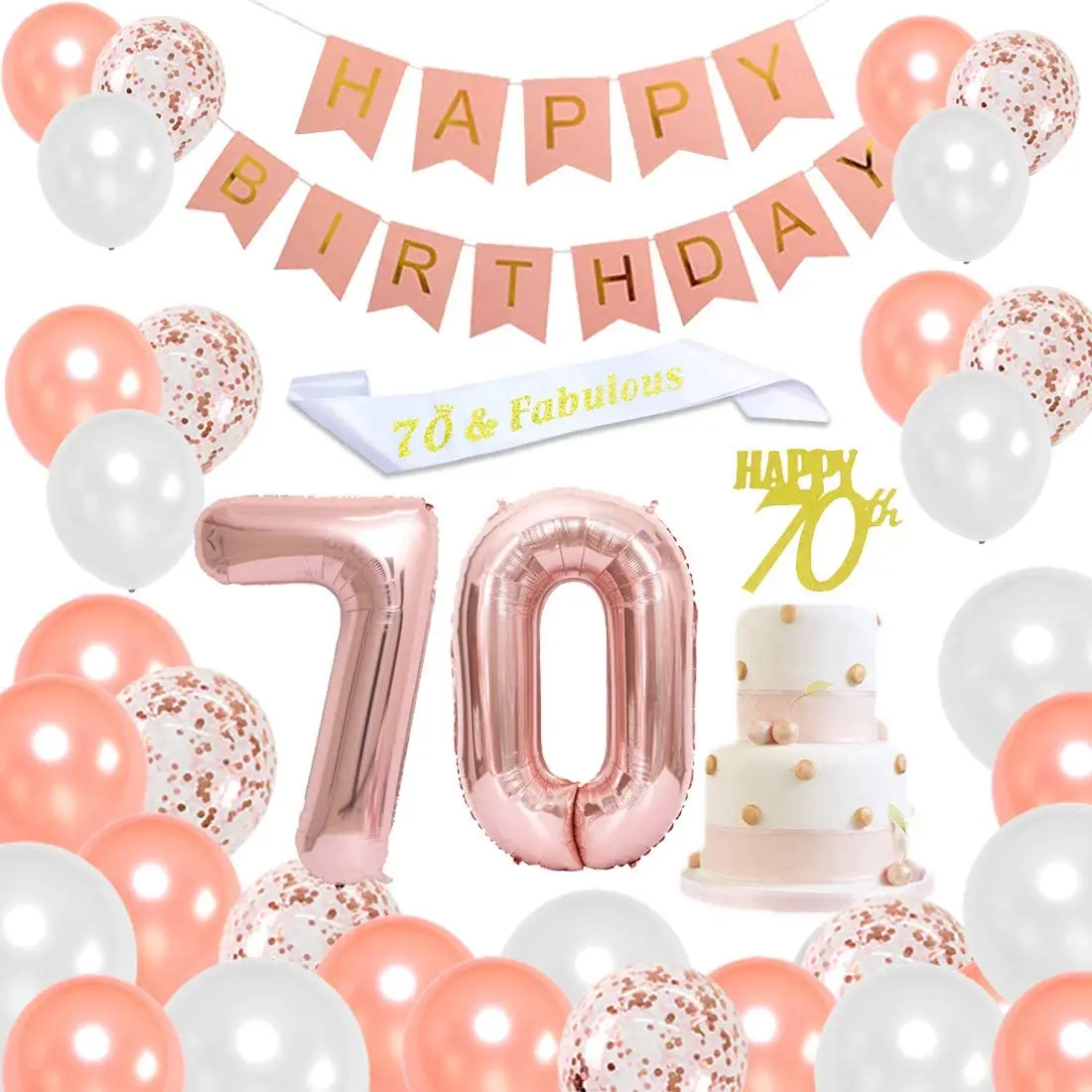 

Rose Gold Balloon Set for Women, Birthday Party Supplies, Number 70, Foil Balloon, Cake Topper, 70 Year Old Birthday Decorations