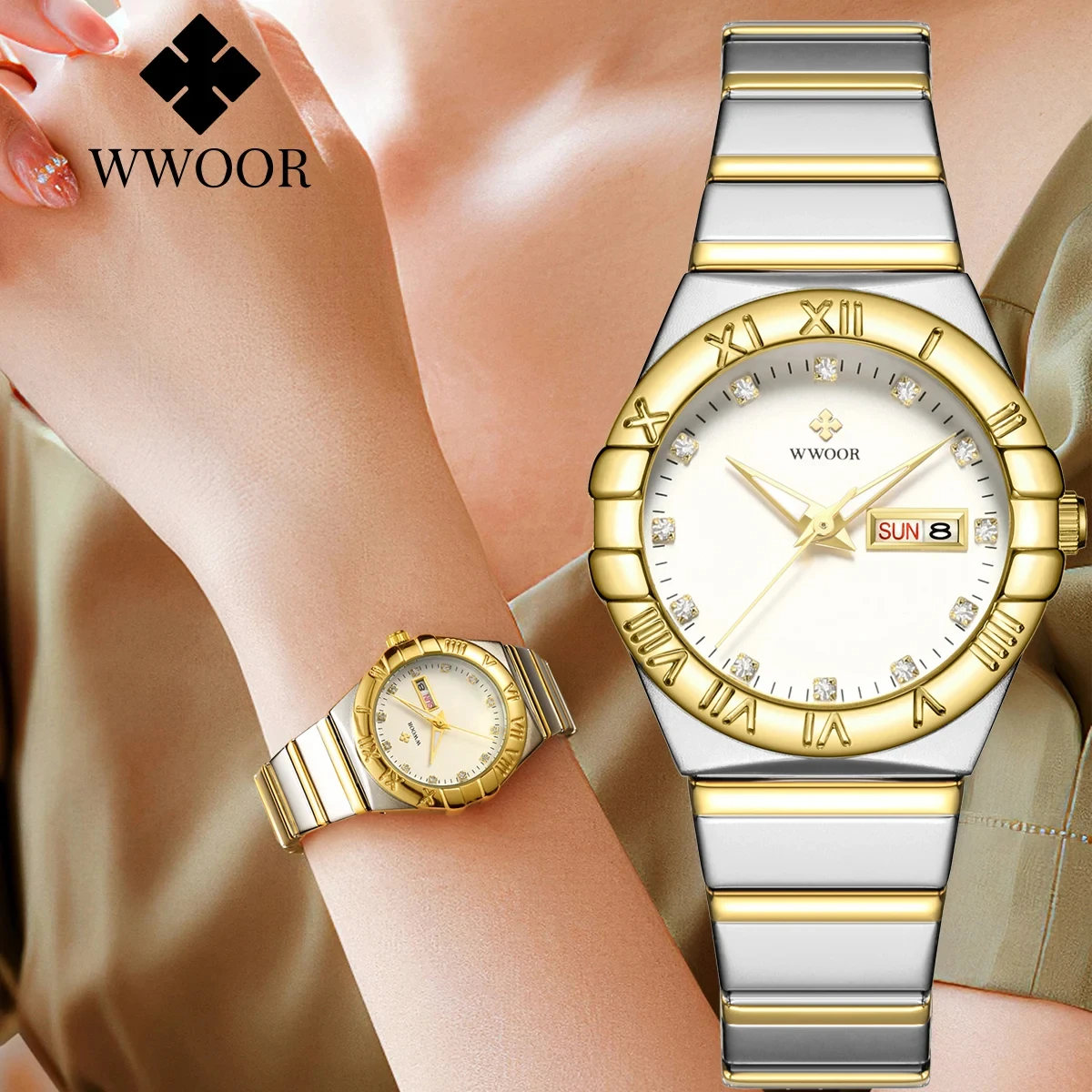 Wwoor Mujer New Fashion White Diamond Ladies Watch Top Brand Luxury Orologio Da Polso Simple Women Dress Small Watch Relogio Feminino
