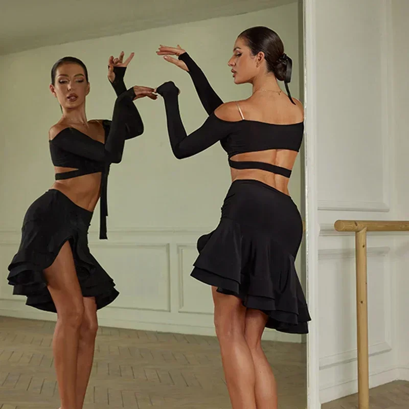 Sexy Off Shoulder Latin Top Ruffled Skirts Latin Dance Costume Stage Performance Clothes Samba Tango Dance Wear Set For Women dance dress dance skirt dance shirts