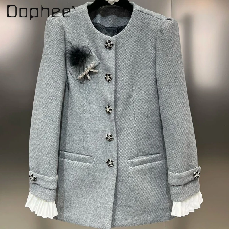 

Retro Gray Woolen Coat for Women Spring New Elegant Woman Thickened Round Neck Long Sleeve Pleated Cuff Shot Drill Buckle Jacket