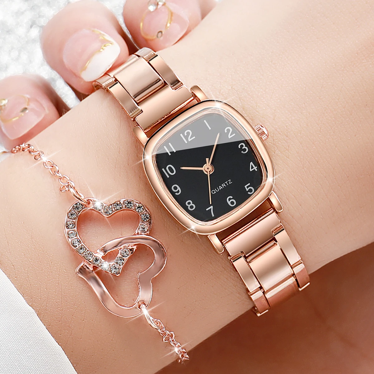 5PCs/Set Women's Square Watch Small Head Steel Band Quartz Watch Jewelry Set