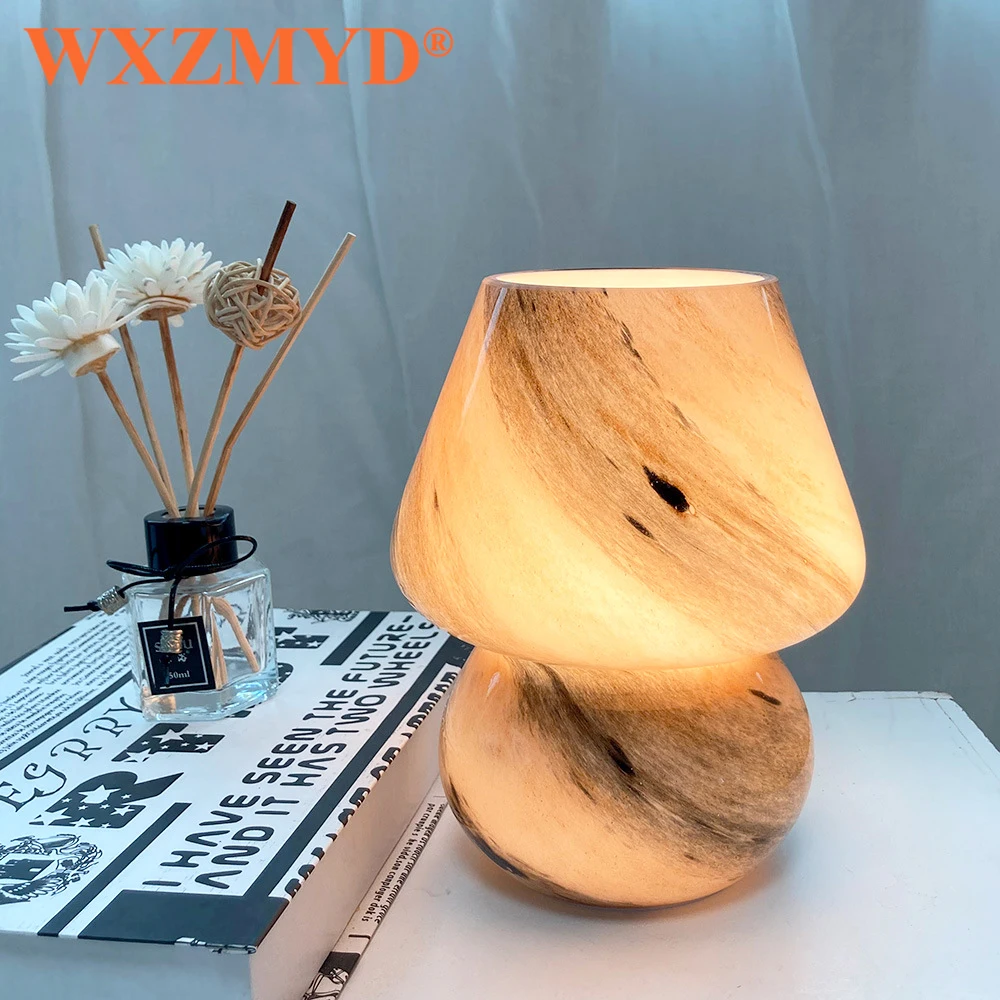 

Korea Ins Style Mushroom LED Table Lamp Glass Moon Earth Striped Bedside Glass Desk Lamp Decor Glass Translucent Table Light