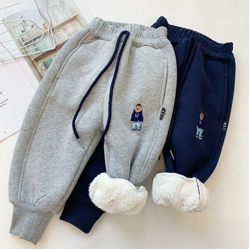 Kid Boys Tracksuit Plush Thick Pants Winter Integrated Velvet Lamb Sanitary Toddler Sport Pants Baby Warm Casual Trousers 1-7Y