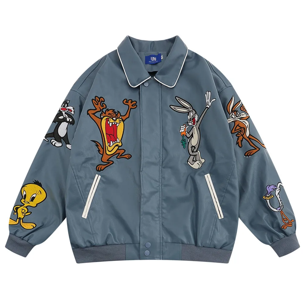 

Men's Cartoon Embroidery Leather Streetwear Hip Hop Loose Casual Motorcycle Jacket Unisex Autumn Winter Leather Coat Outerwear