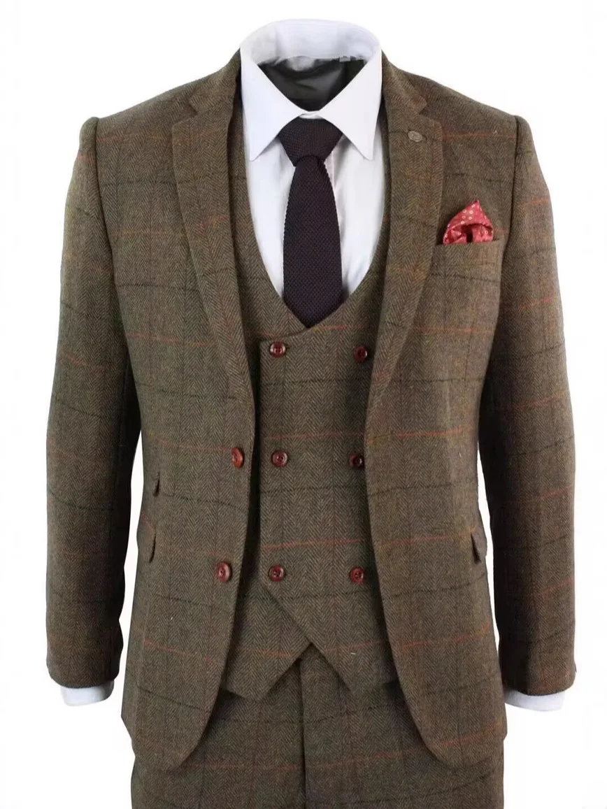 Formal Brown Plaid Woolen Men's Suits 3 Pieces Slim Fit Notch Lapel Blazer Vest Pants Herringbone Tuxedos For Wedding/Business