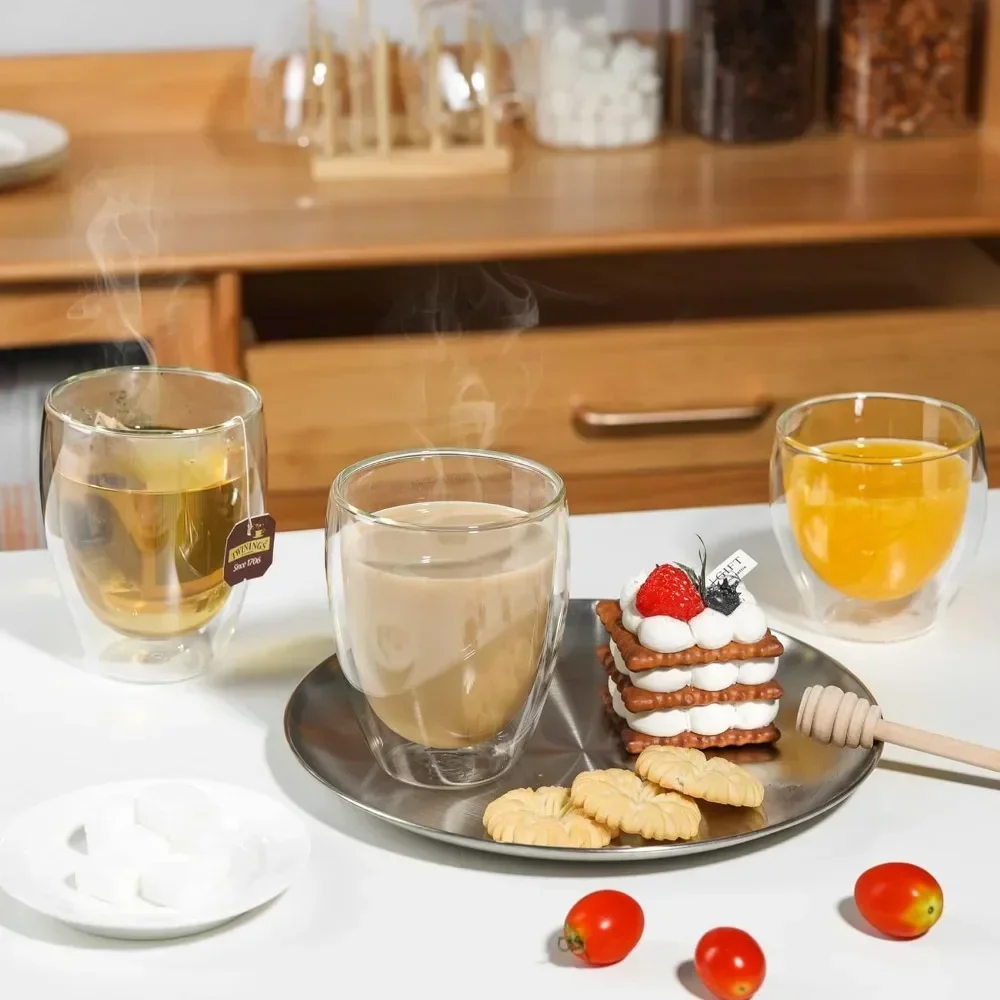 6 pcs Clear Double Wall Glass Coffee Mugs 80ml/250ml Insulated Layer Cups Set for Bar Tea Milk Juice Water Espresso Shot Glass