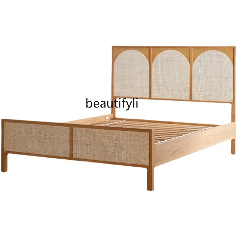 

Southeast Asian Style Solid Wood Rattan Double Wood Color Rattan Bed Thai Furniture Rattan Marriage Bed
