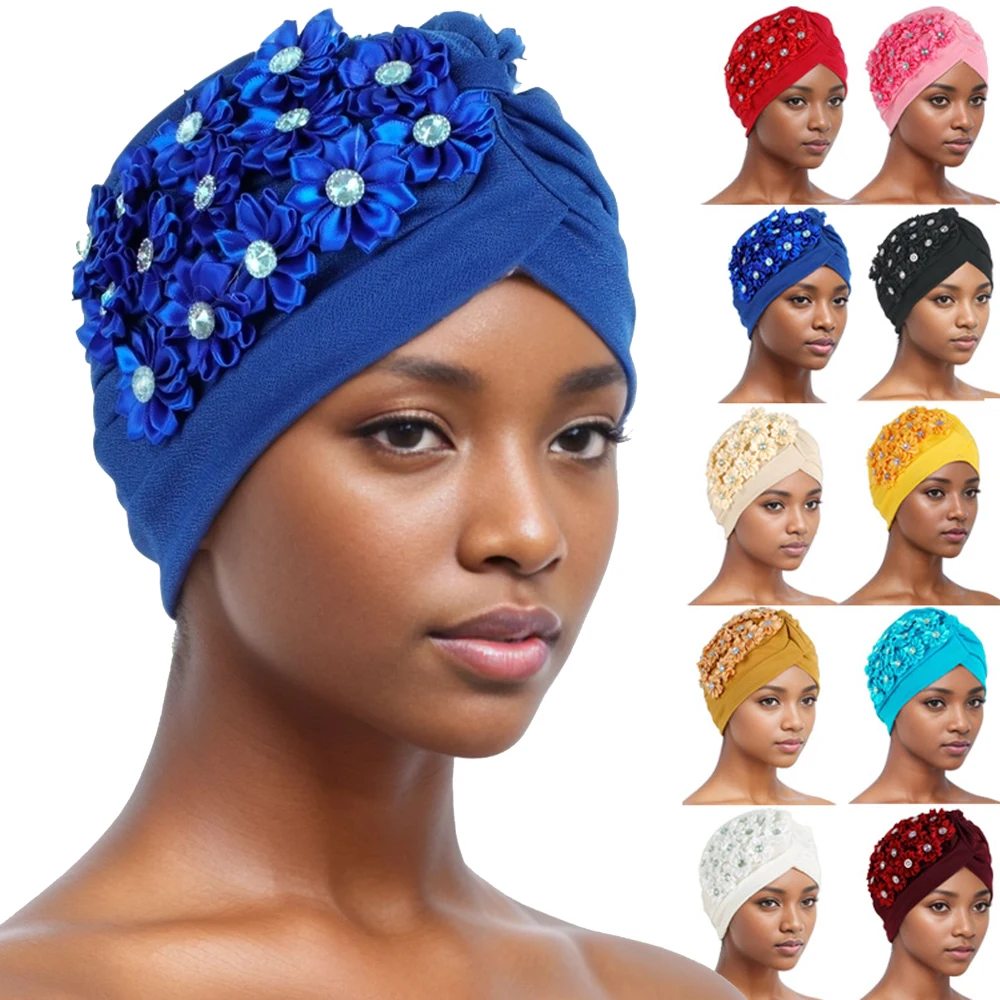 

Muslim Women Turban Diamonds Solid Color Chemo Cap Indian Hat Hijab Fashion Islamic Headscarf Hair Loss Head Wrap Turbante Mujer