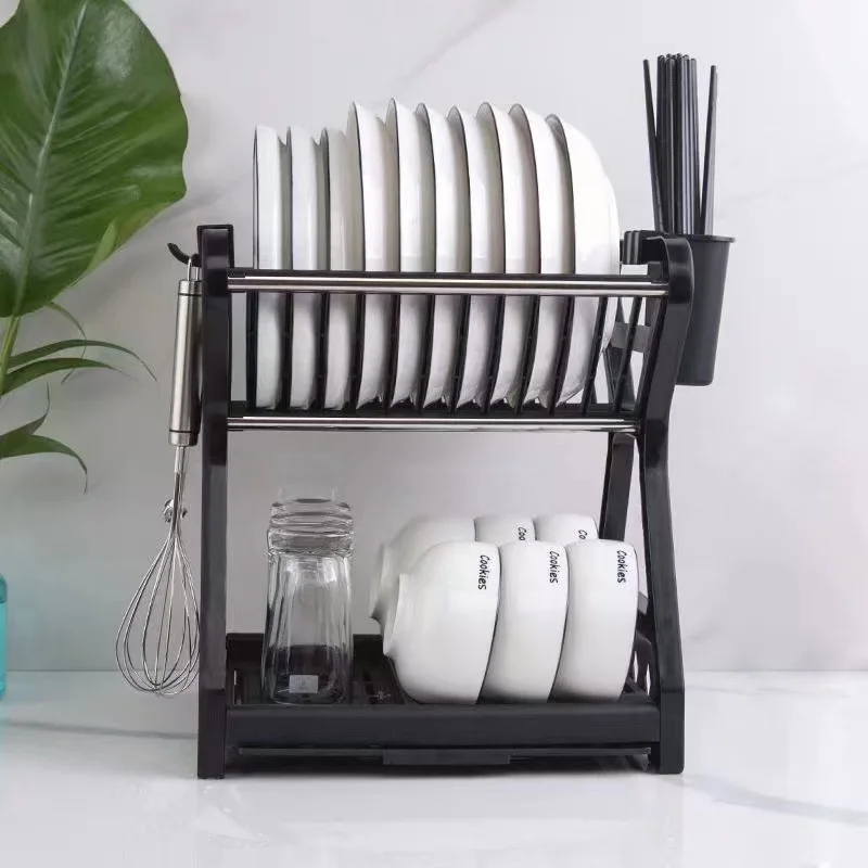 2 Tiers Dish Rack with Drip Tray Kitchen Bowl Drainer Storage Rack With  Chopstick Cage Kitchen Counter Organizer Rack - AliExpress