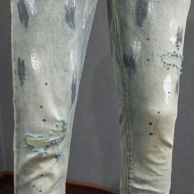High Street Fashion Men Jeans Retro Washed Blue Stretch Skinny Fit Ripped Jeans Men Painted Designer Hip Hop Brand Pants Hombre