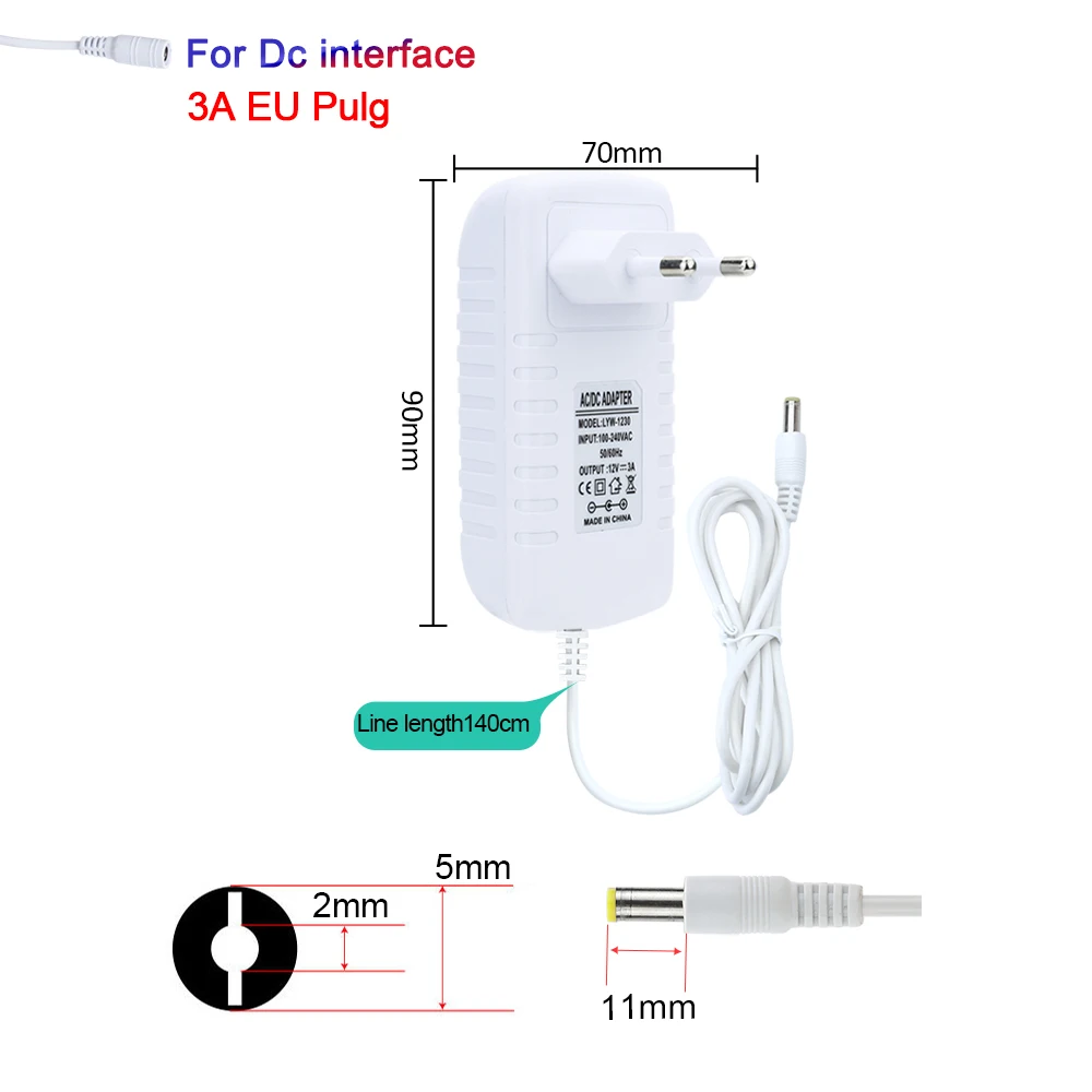Alimentatore 12V 3A 36W Per Strisce LED E Router | Adattatore Di Corrente Universale Con Spina 5.5x2.5 Mm | Cavo 1m, Protezioni