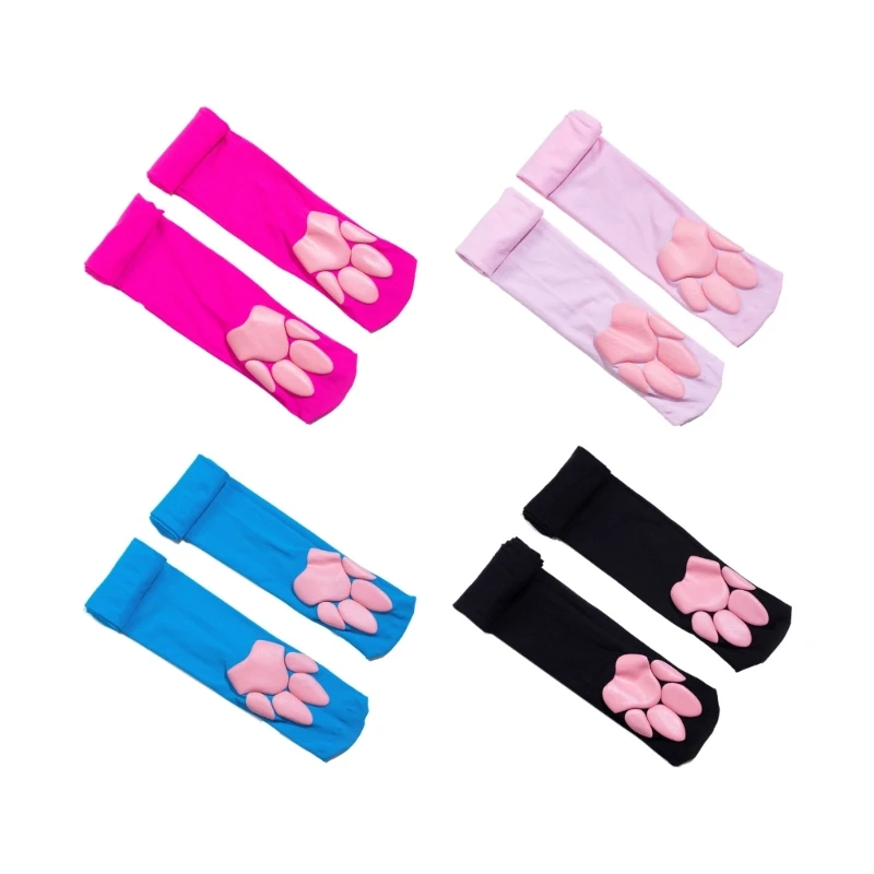 Chaussettes montantes motif pattes de chat mignonnes Lolita pour filles, enfants, femmes, cosplay 3D, Ensemble de 4 pièces – Noir, Taille unique