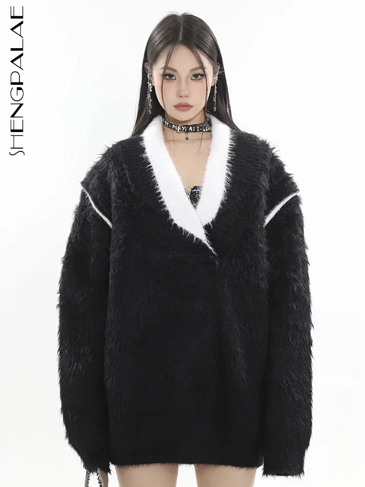 

SHENGPALAE Contrast Color V-neck Sweater For Women Fashion Mohair Loose Knitting Pullover Female Autumn 2023 New Trendy 5R7176