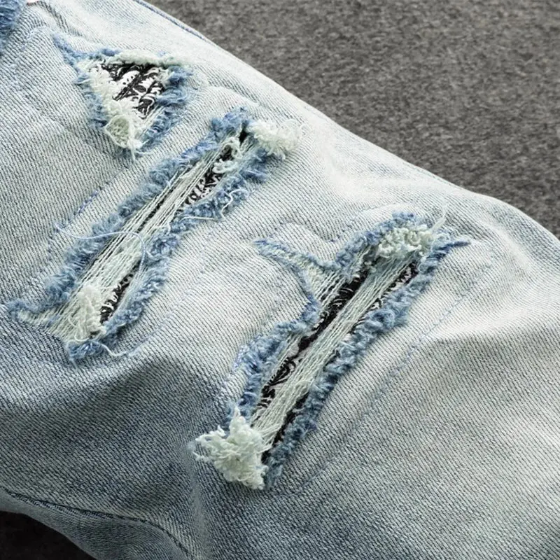 High Street Fashion Men Jeans Retro Blue Stretch Skinny Fit Ripped Jeans Men Bandana Patched Designer Hip Hop Brand Pants Hombre
