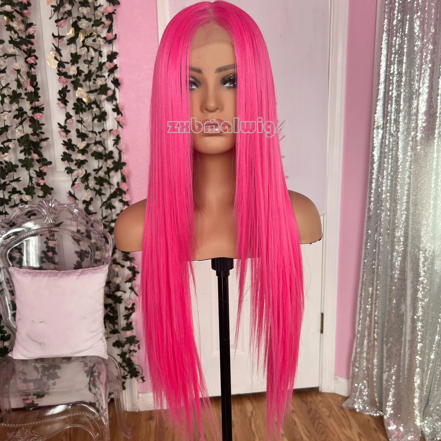 

Hot Pink Color Synthetic Lace Wig Straight Lace Front Wigs for Women Free Part Cosplay Party Wig Heat Resistant Wigs