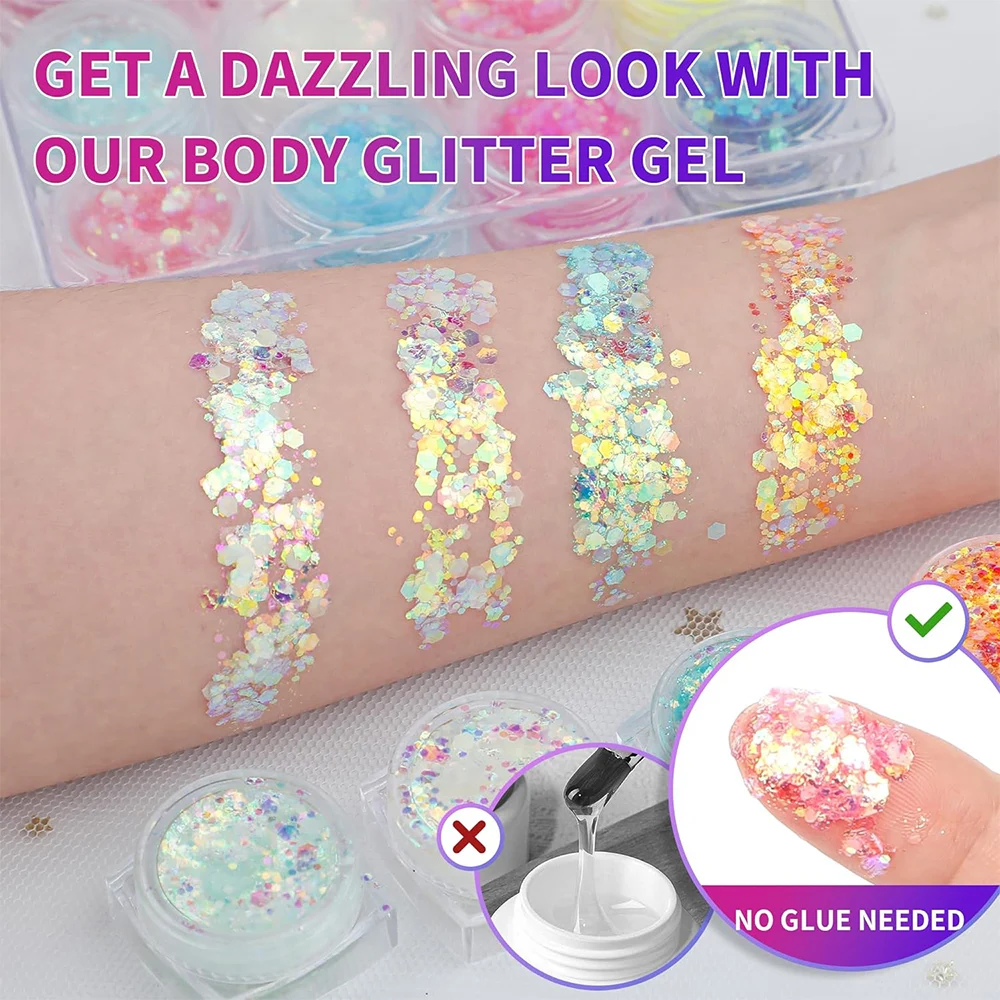 12 Colors Glitter Gel Makeup Glow in The Dark Body Glitter Gel UV Face Glitter for Women Festival Party Glitter Makeup Gel 3