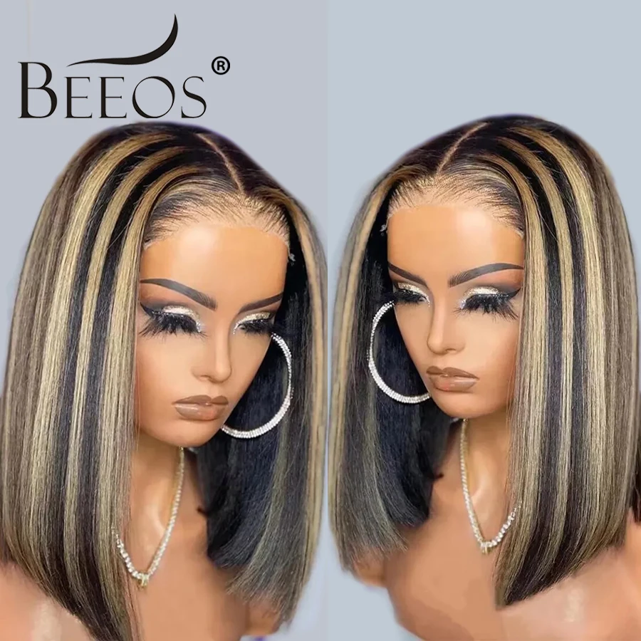 BEEOS 180% 1B/27 podkreśla bezklejowe 13x4 HD koronkowe peruki z przodu z ludzkimi włosami wstępnie oskubane peruki z prostym wycięciem peruka z krótkim bobem 5x5 HD