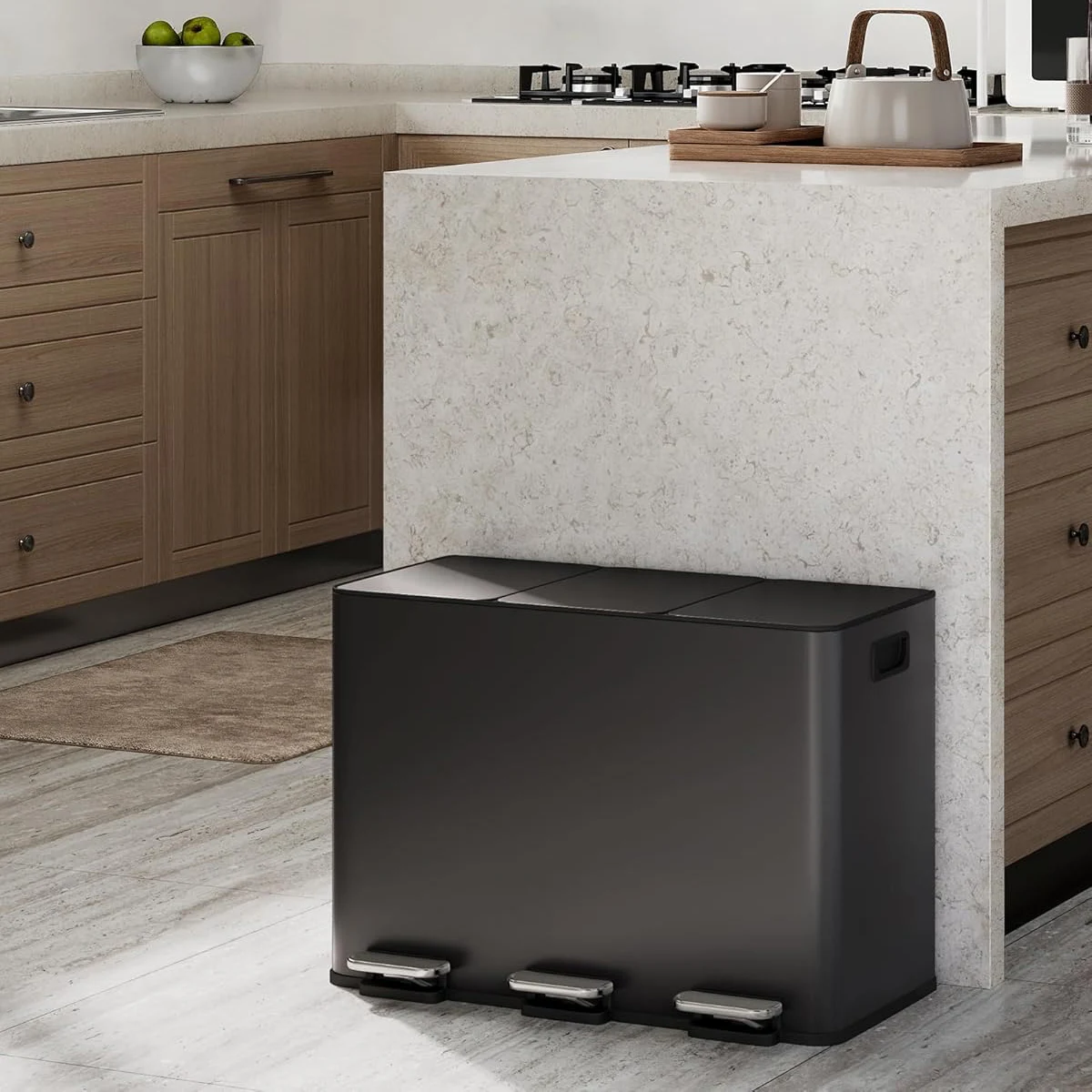 3-Compartment Kitchen Bin 3 x 15L Stainless Steel Soft-Close Lid Pedal Recycling Trash Can with Removable Inner Buckets