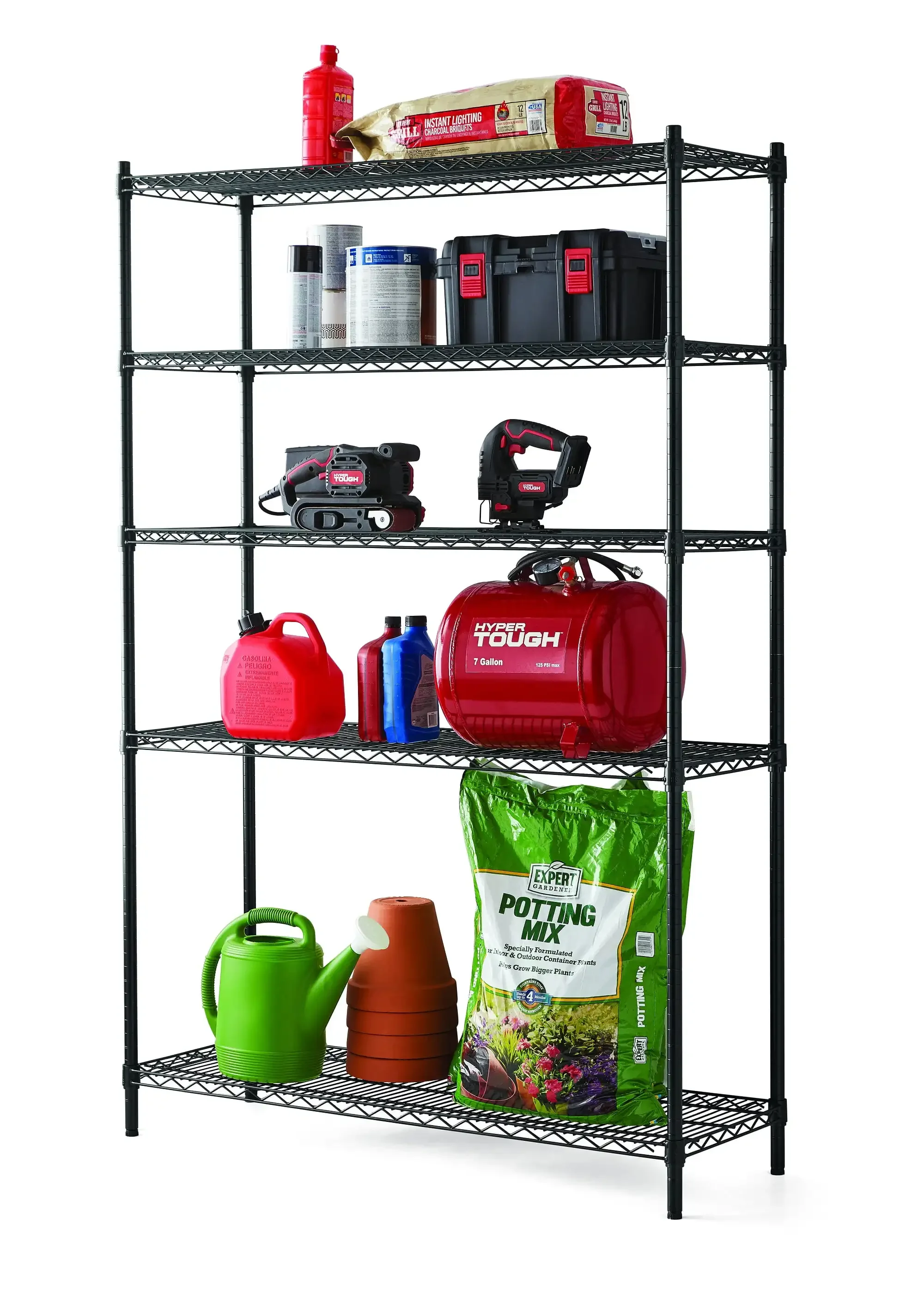 

Heavy Duty 5 Tier Wire Shelf, Black, 3000 lb Capacity，Warehouse rack, home tool storage rack，Home tool shelves