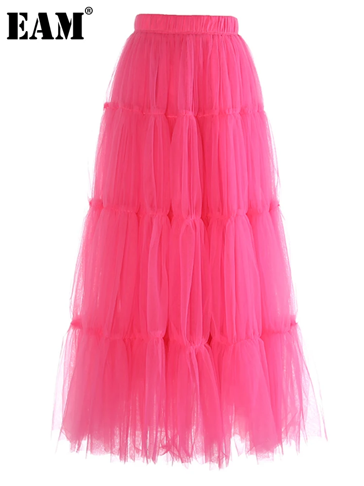 

[EAM] High Elastic Waist Rose Red Mesh Elegant Long A-line Half-body Skirt Women Fashion Tide New Spring Autumn 2024 1DH2068