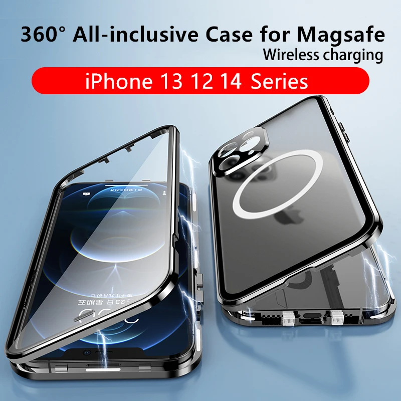 

Роскошный металлический магнитный чехол для iPhone 14, 13, 12, 11 Pro Max, Magsafe, Беспроводная зарядка, герметичное стекло, защита от падения, защитный чехол