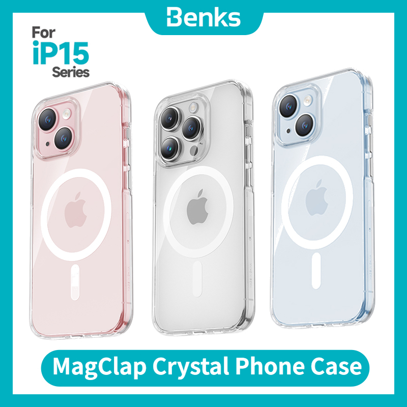 Benks MagClap Crystal Phone Case for Apple iPhone 15 Pro Max All-inclusive Metal Button Transparent Cover MagSafe Compatible